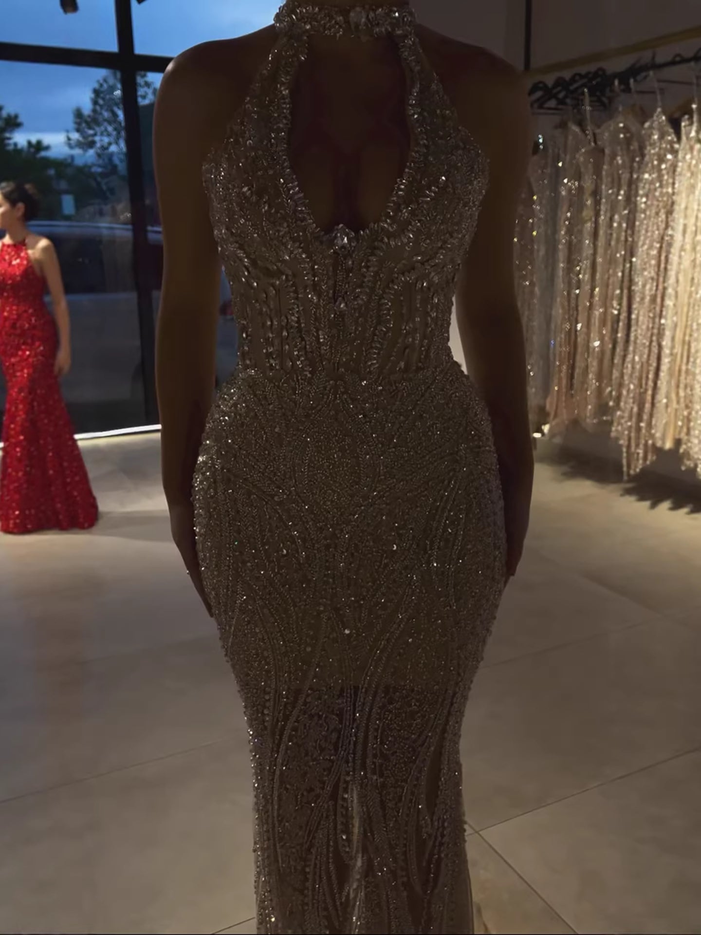 Silver Nude Halter Deep V Crystal Mermaid Evening Dress LA733673