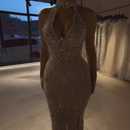 Silver Nude Halter Deep V Crystal Mermaid Evening Dress LA733673