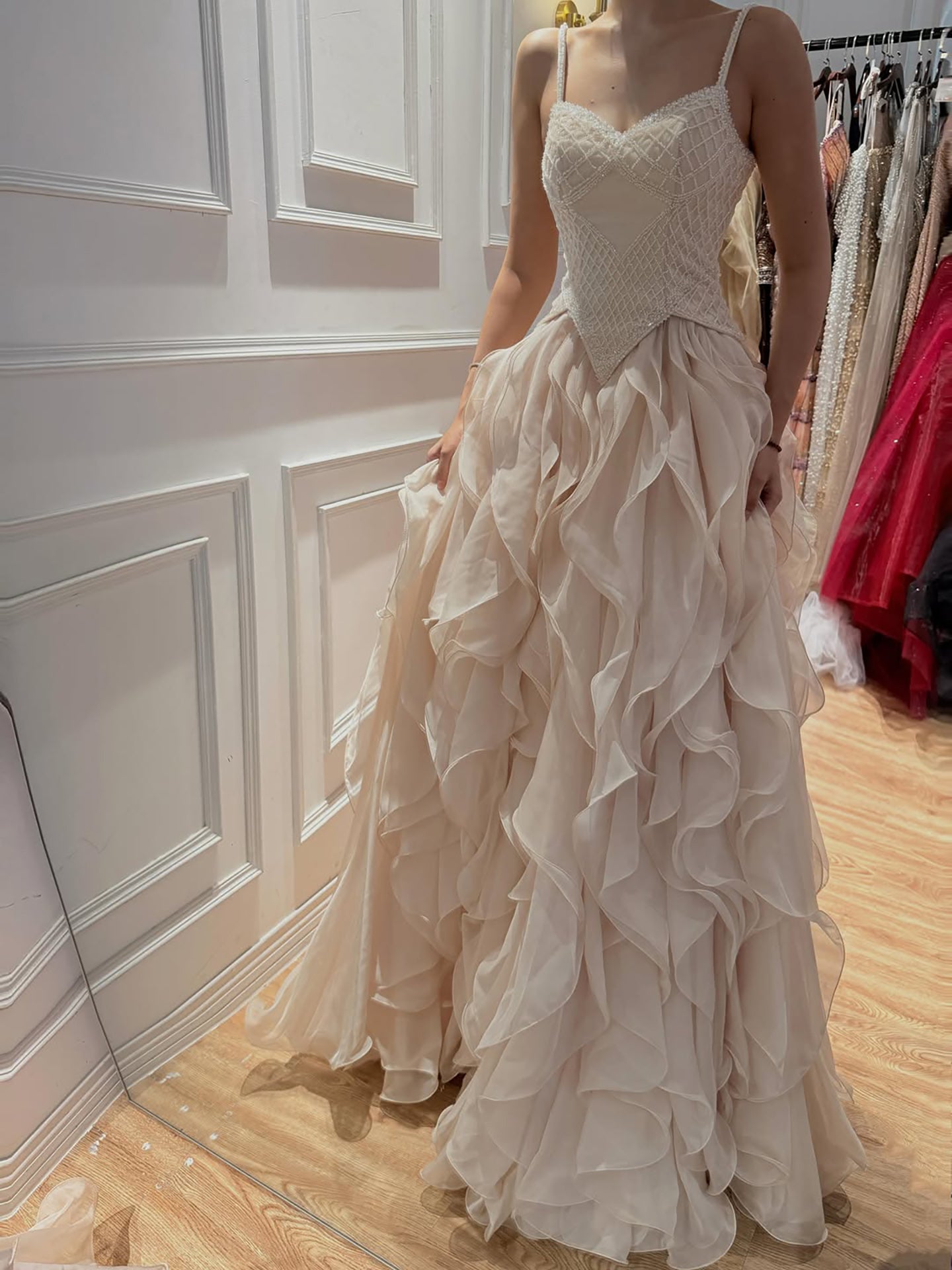 Luxury Nude Beaded A Line Evening Dress Ruffle Tiered Skirt LA73368