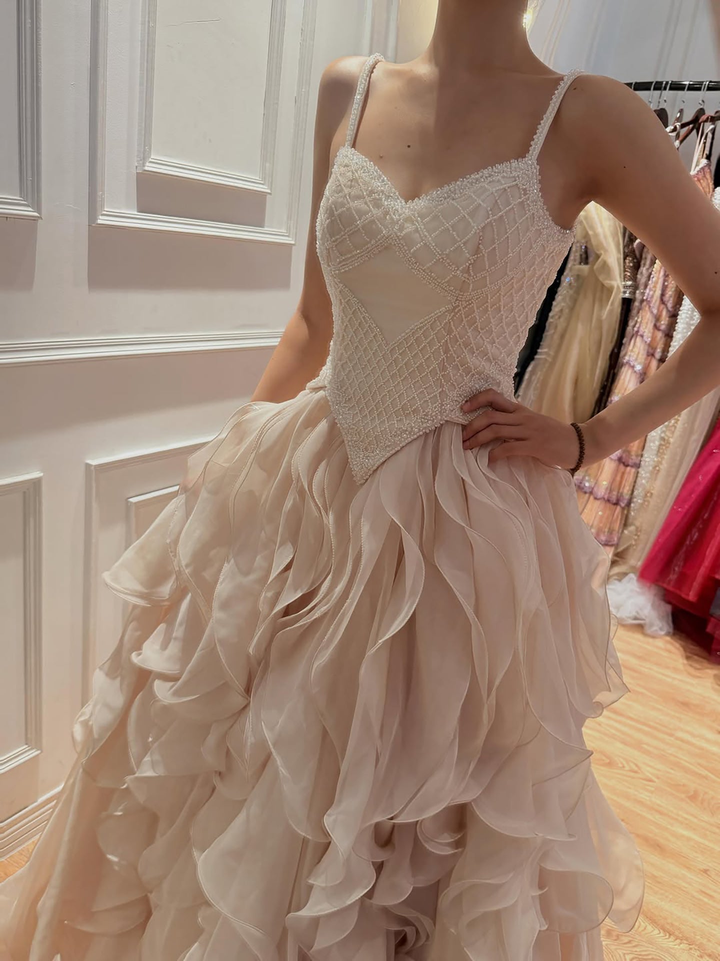 Luxury Nude Beaded A Line Evening Dress Ruffle Tiered Skirt LA73368