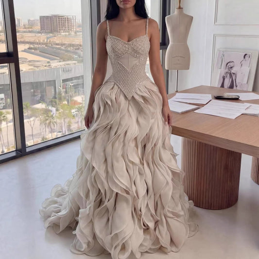Luxury Cream Beaded A Line Evening Dress Ruffle Tiered Skirt LA73368