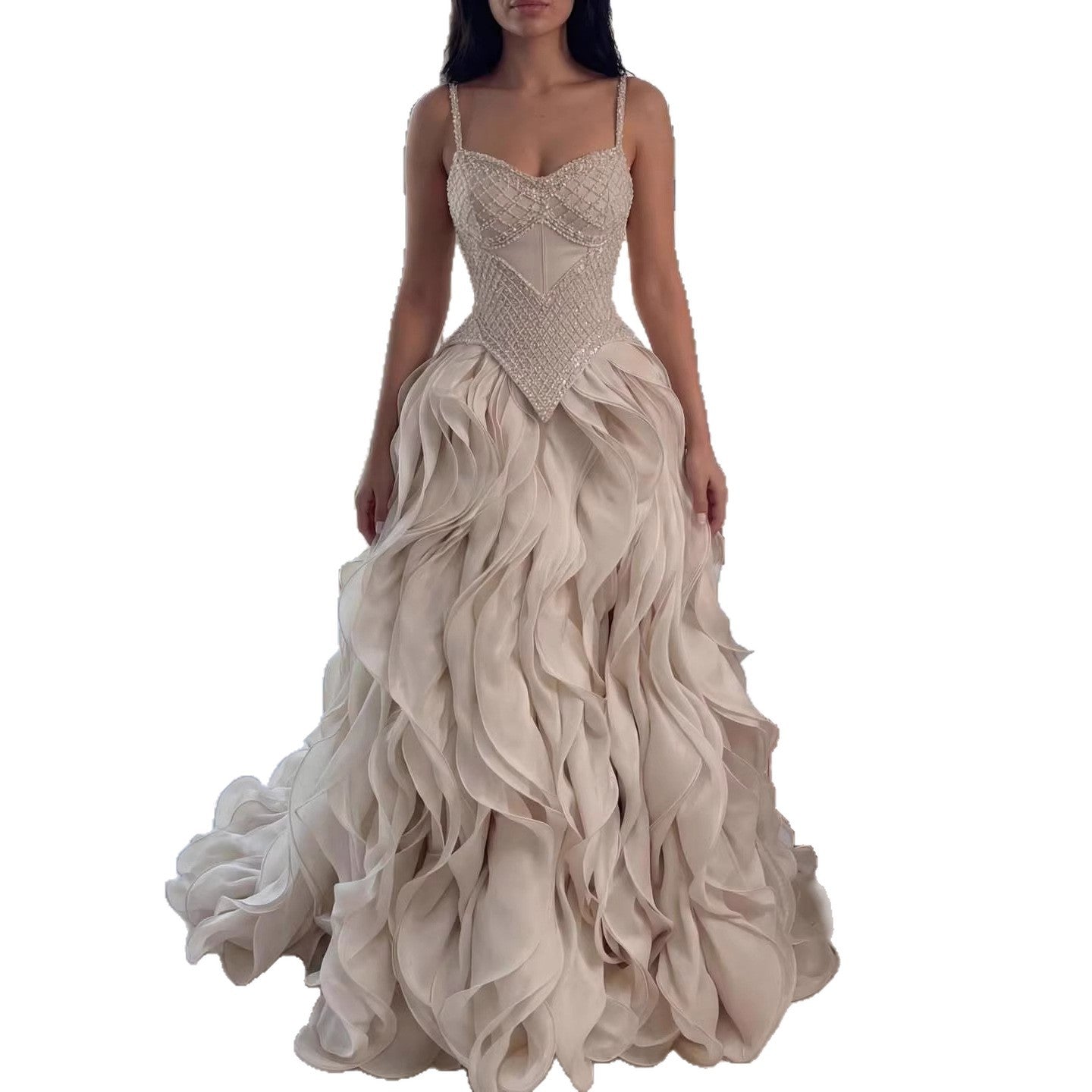 Luxury Nude Beaded A Line Evening Dress Ruffle Tiered Skirt LA73368