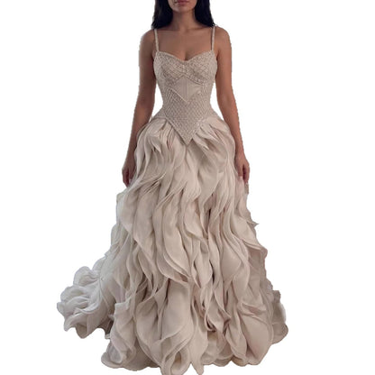 Luxury Nude Beaded A Line Evening Dress Ruffle Tiered Skirt LA73368