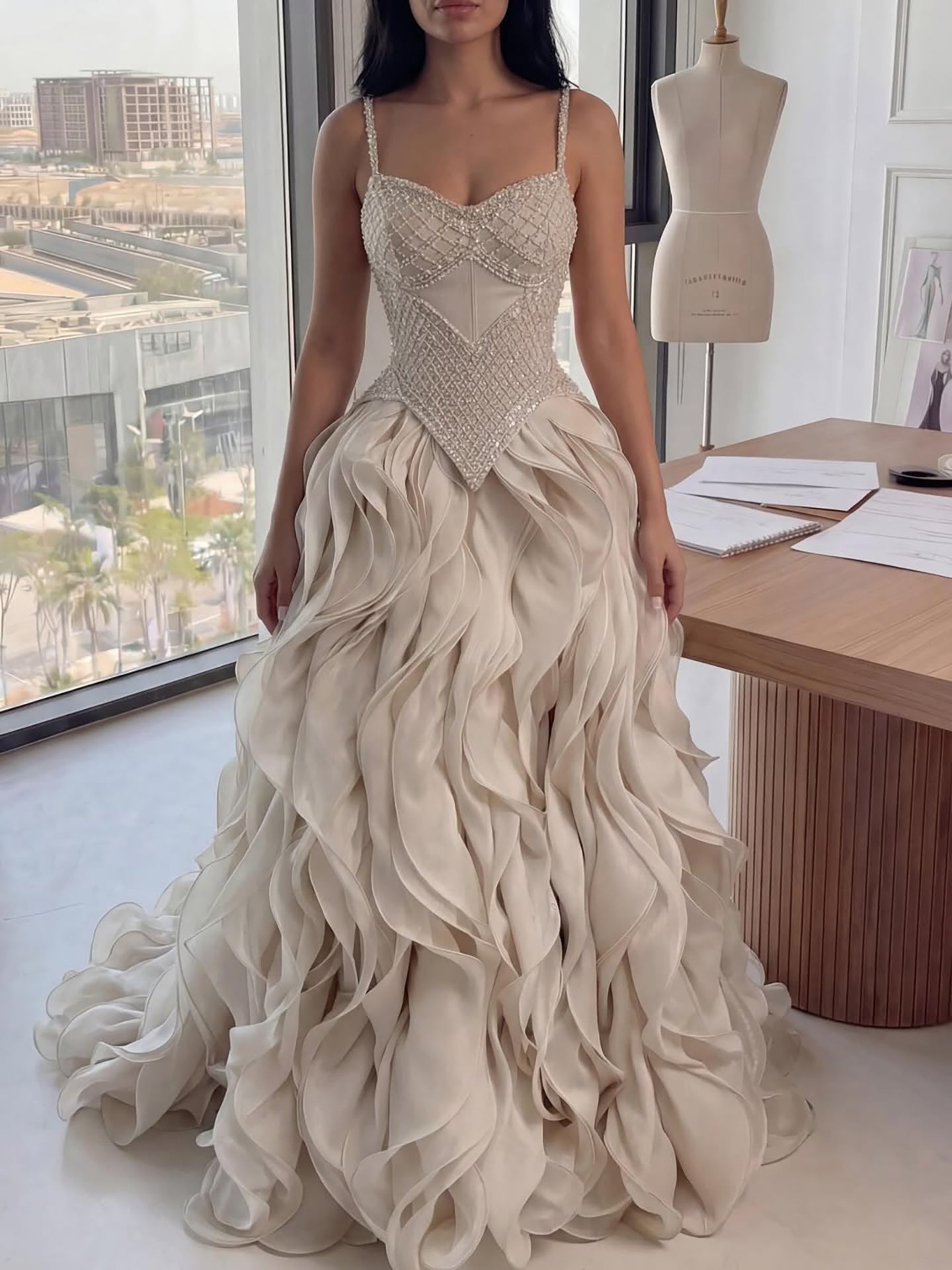 Luxury Nude Beaded A Line Evening Dress Ruffle Tiered Skirt LA73368