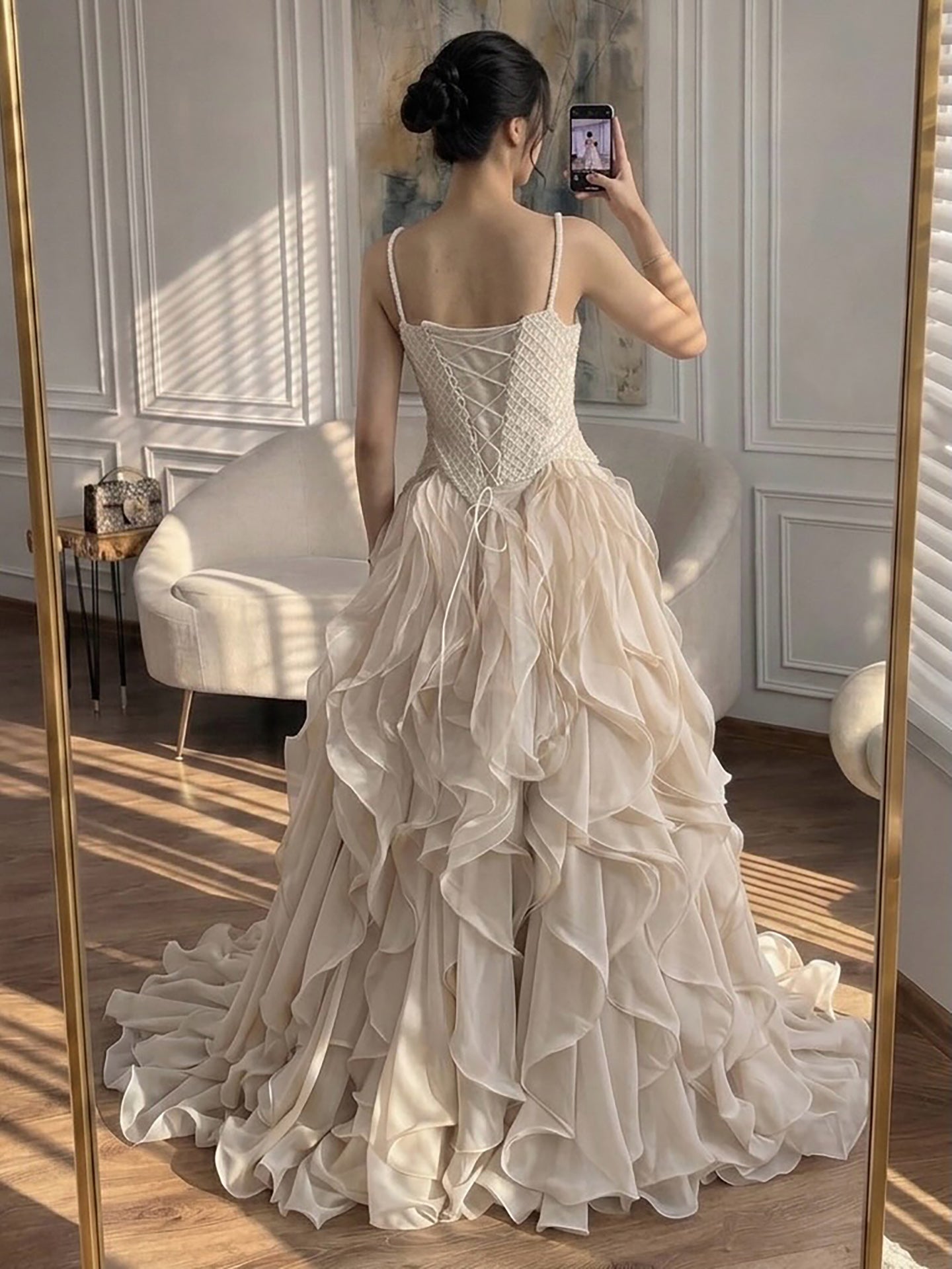 Luxury Nude Beaded A Line Evening Dress Ruffle Tiered Skirt LA73368