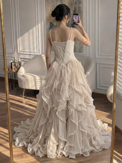 Luxury Nude Beaded A Line Evening Dress Ruffle Tiered Skirt LA73368