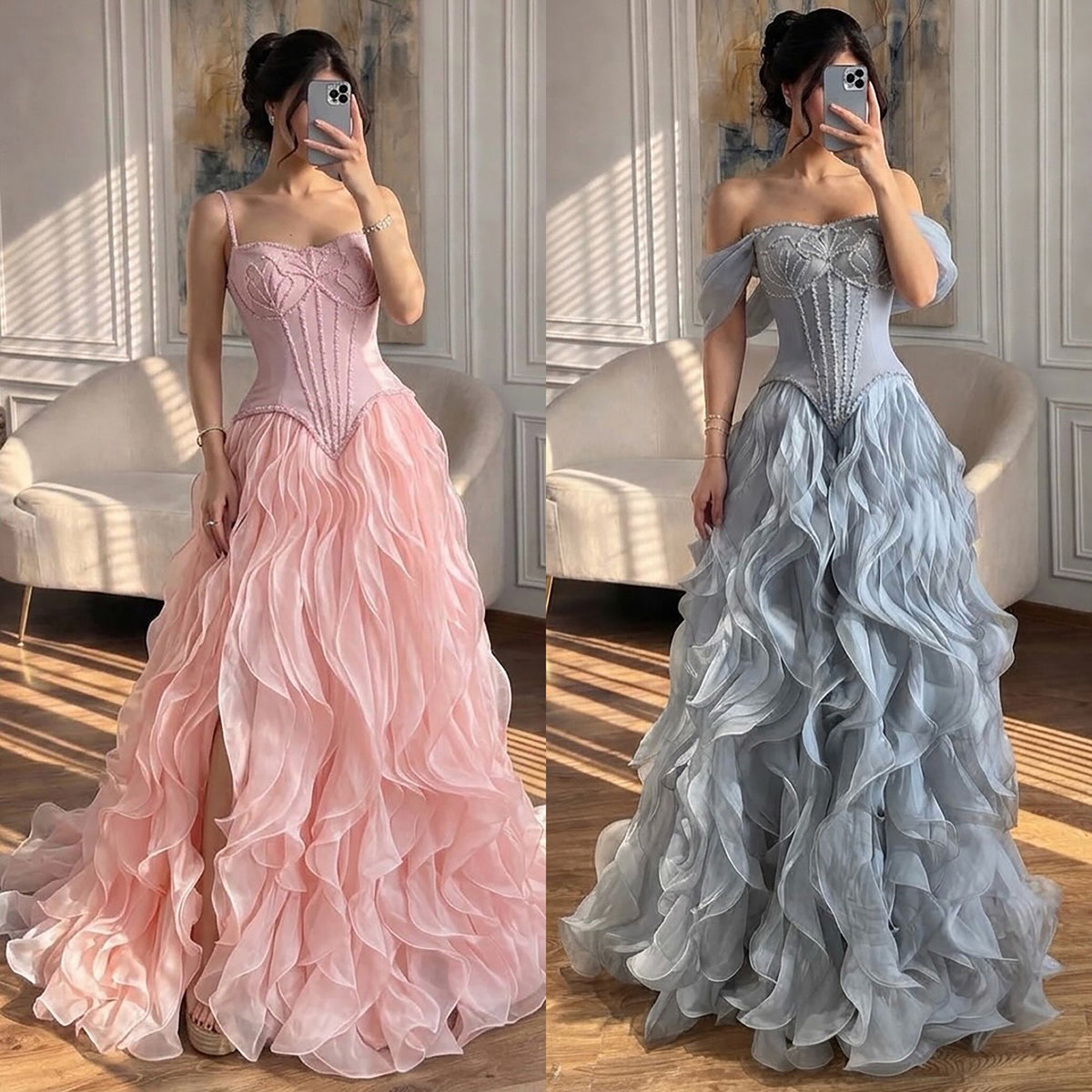 Luxury Pink Beaded Corset Ruffled Slit Evening Gown LA73368B