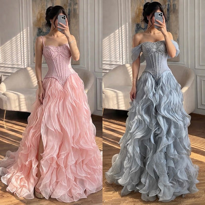 Luxury Pink Beaded Corset Ruffled Slit Evening Gown LA73368B