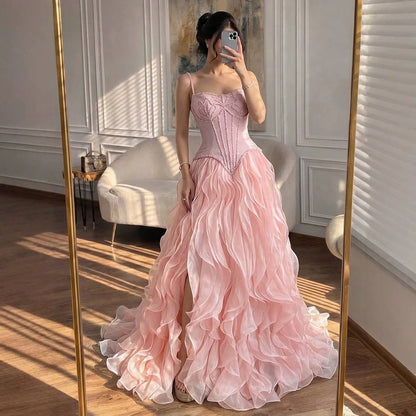 Luxury Pink Beaded Corset Ruffled Slit Evening Gown LA73368B