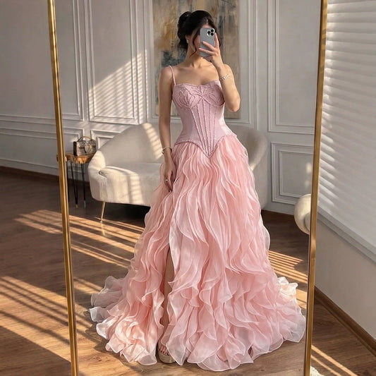 Luxury Pink Beaded Corset Ruffled Slit Evening Gown LA73368B