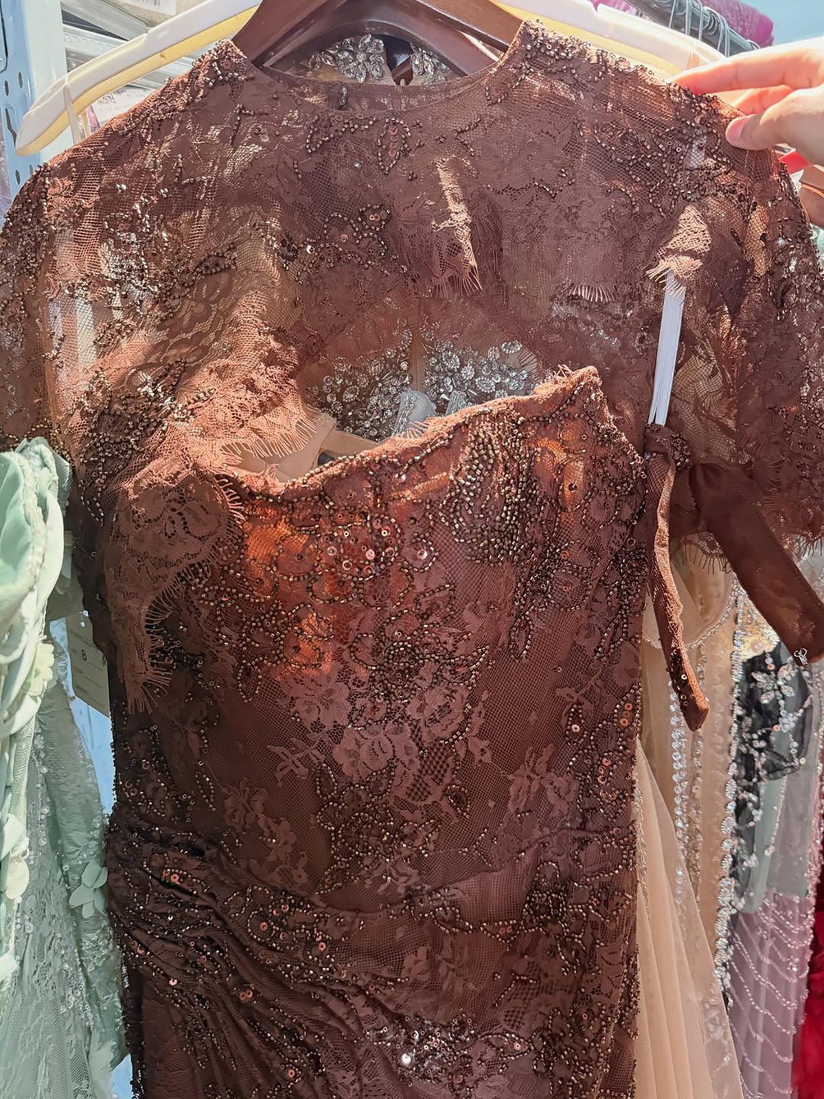 Luxury Brown Beaded Mermaid Gown with Cape LA73370