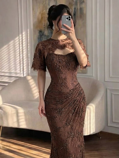 Luxury Brown Beaded Mermaid Gown with Cape LA73370