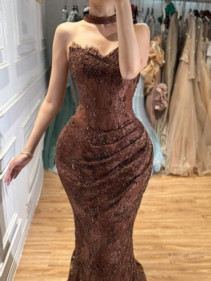 Luxury Brown Beaded Lace Mermaid Evening Dress LA73370A