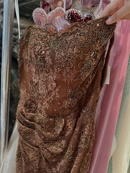 Luxury Brown Beaded Lace Mermaid Evening Dress LA73370A