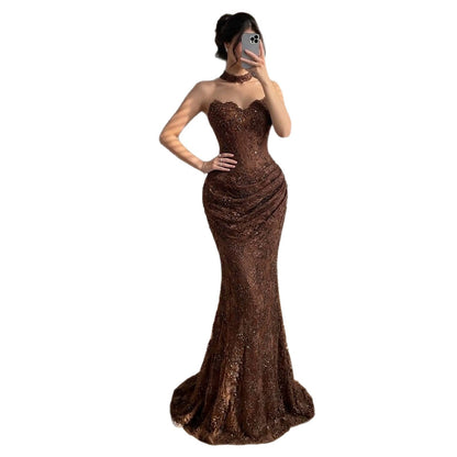 Luxury Brown Beaded Lace Mermaid Evening Dress LA73370A