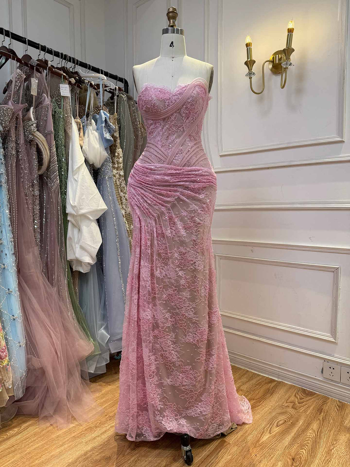 Luxury Pink Lace Corset Mermaid Slit Evening Dress LA73373A