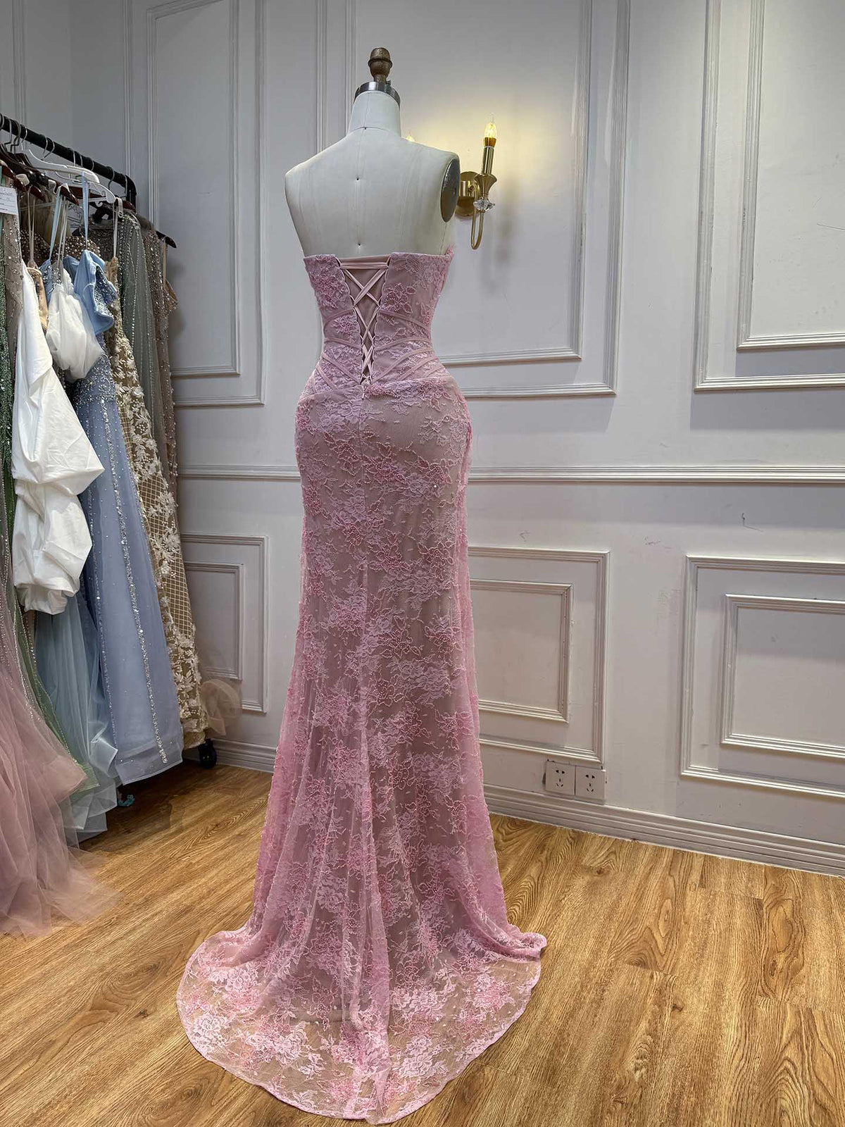 Luxury Pink Lace Corset Mermaid Slit Evening Dress LA73373A