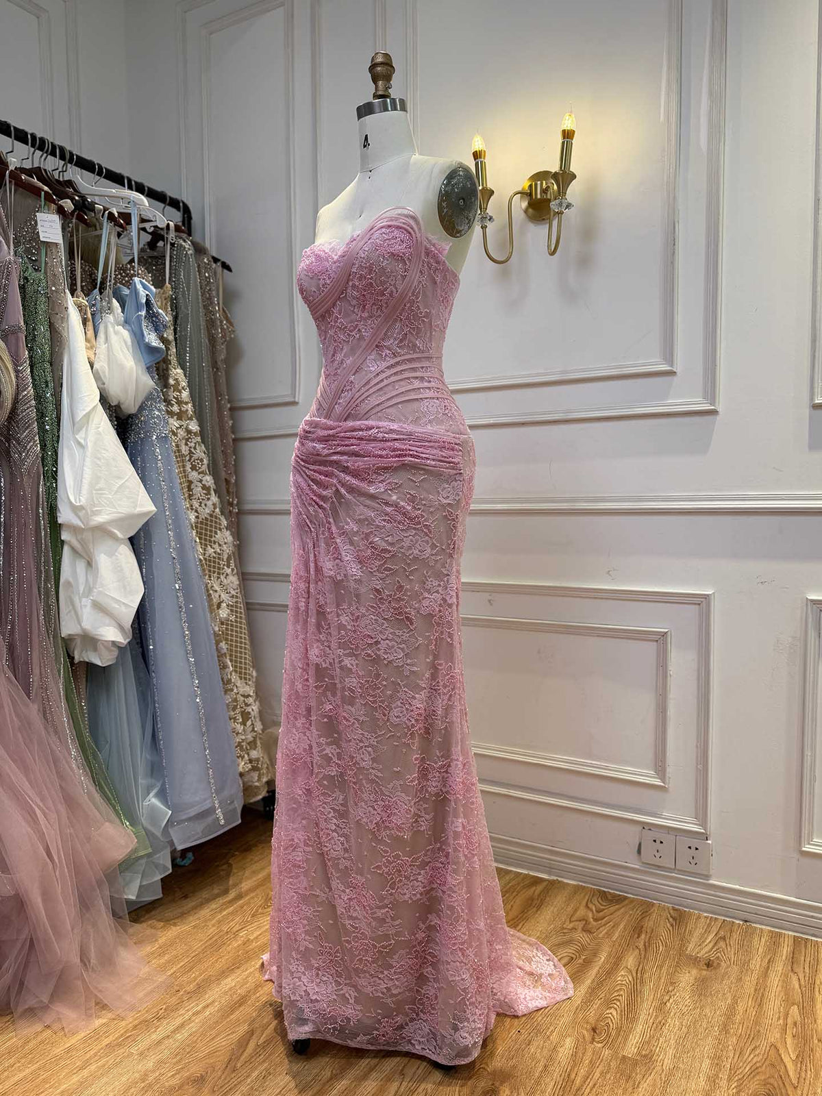 Luxury Pink Lace Corset Mermaid Slit Evening Dress LA73373A