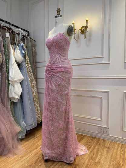 Luxury Pink Lace Corset Mermaid Slit Evening Dress LA73373A