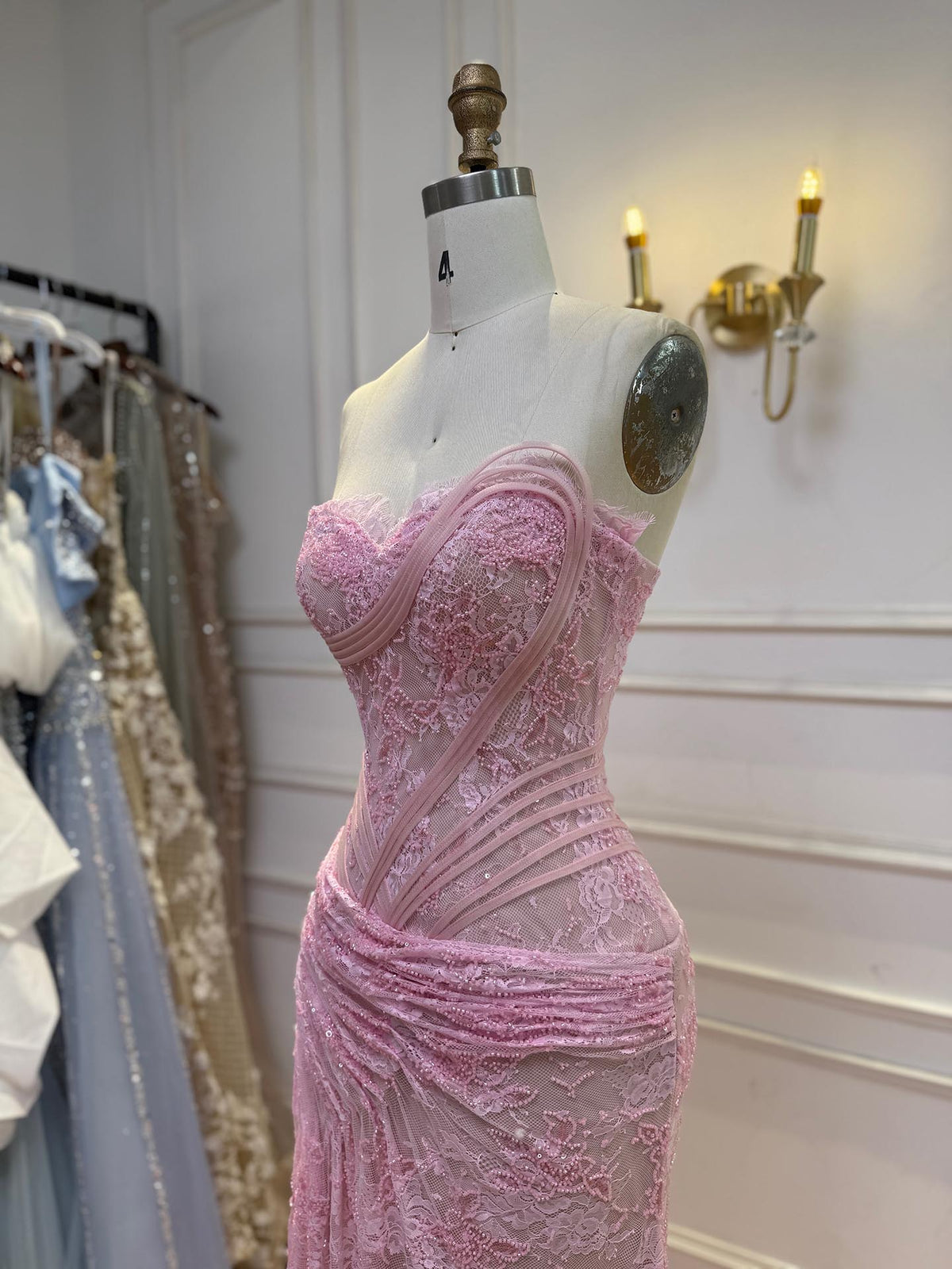 Luxury Pink Lace Corset Mermaid Slit Evening Dress LA73373A
