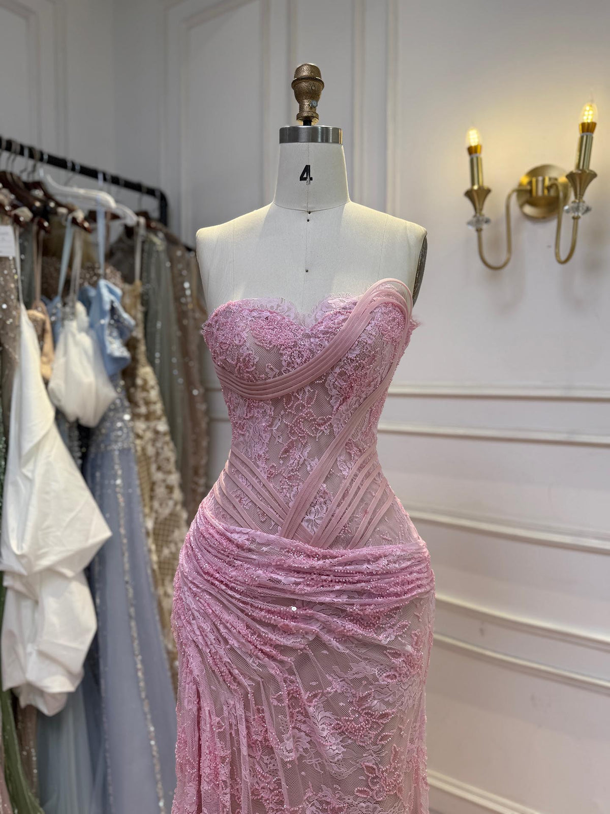 Luxury Pink Lace Corset Mermaid Slit Evening Dress LA73373A