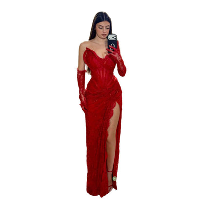 Luxury Pink Lace Corset Mermaid Slit Evening Dress LA73373A