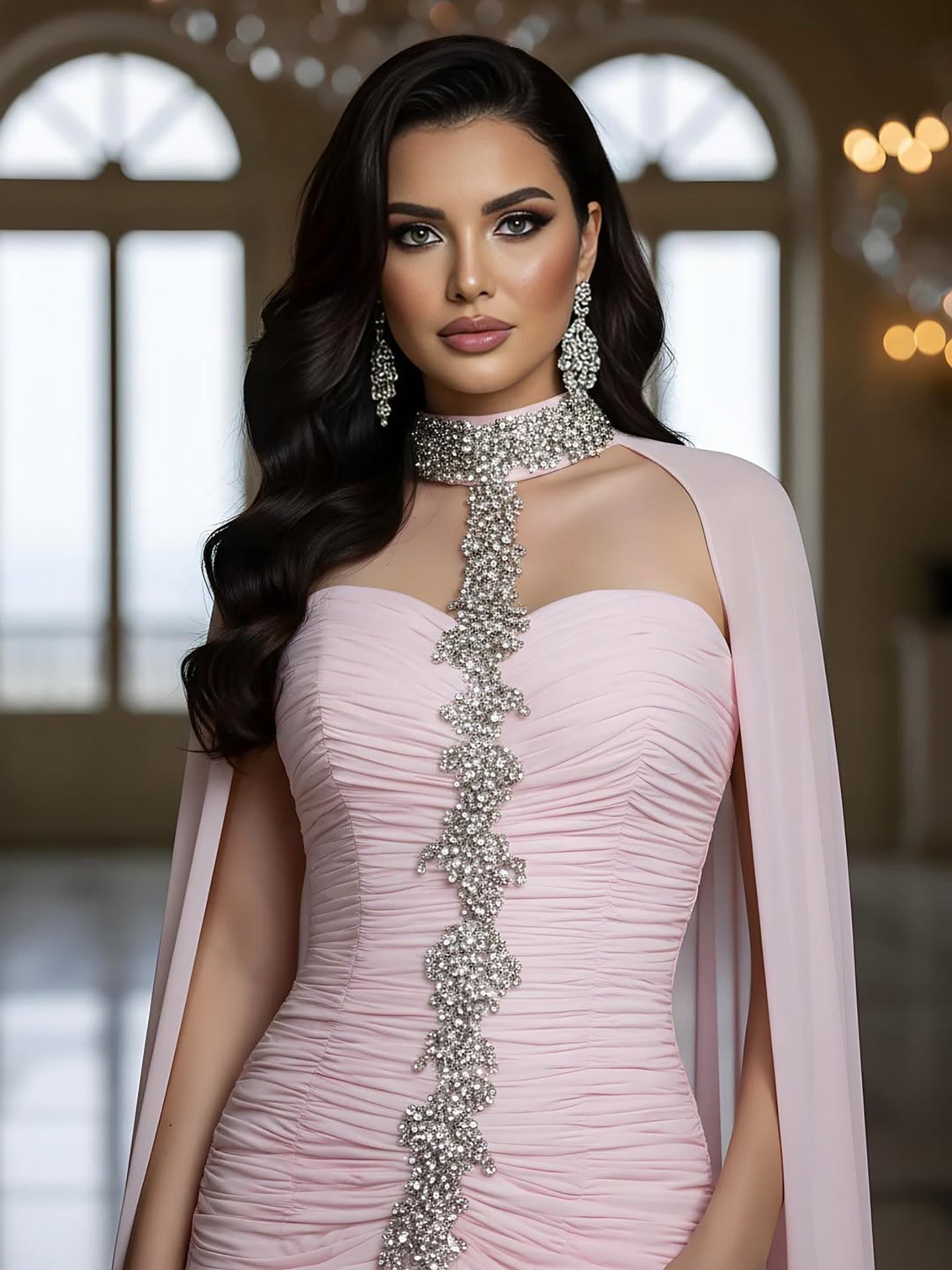 Luxury Pink Halter Crystal Beaded Evening Dress with Cape LA73374