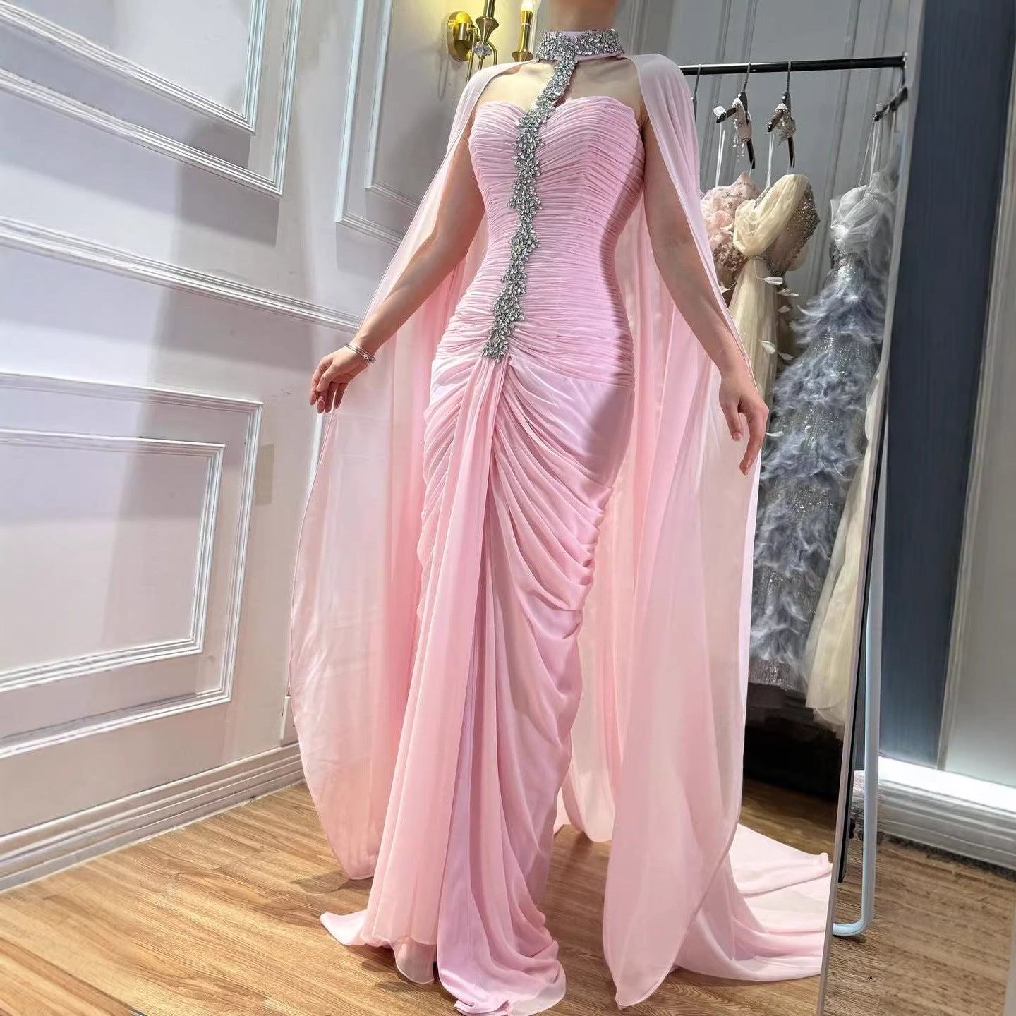 Luxury Pink Halter Crystal Beaded Evening Dress with Cape LA73374