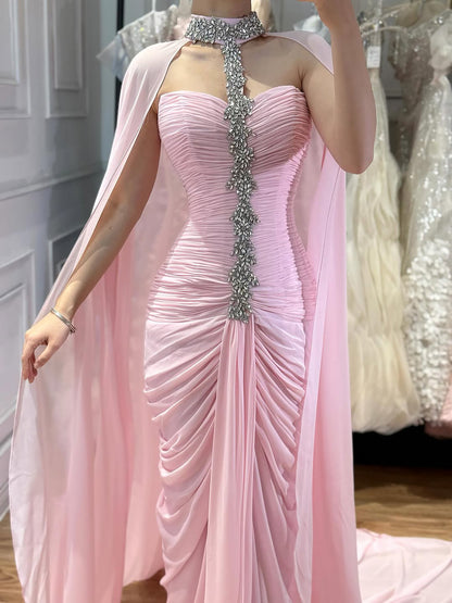 Luxury Pink Halter Crystal Beaded Evening Dress with Cape LA73374