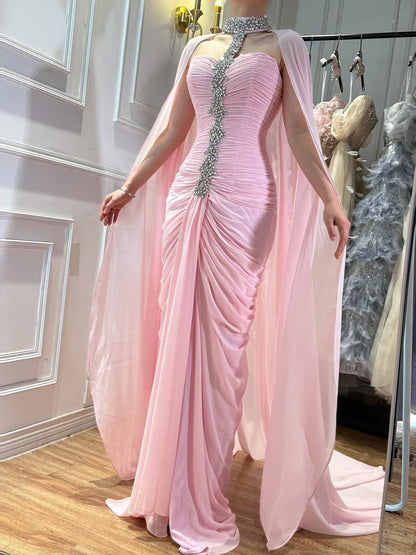 Luxury Pink Halter Crystal Beaded Evening Dress with Cape LA73374
