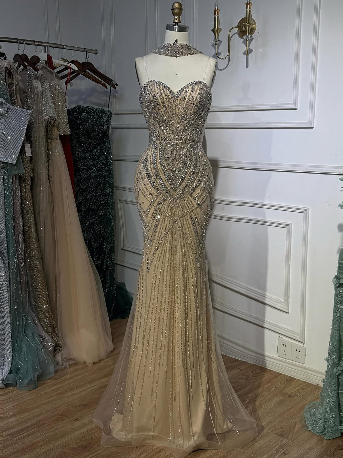Luxury Nude Crystal Beaded Mermaid Evening Dress LA73375