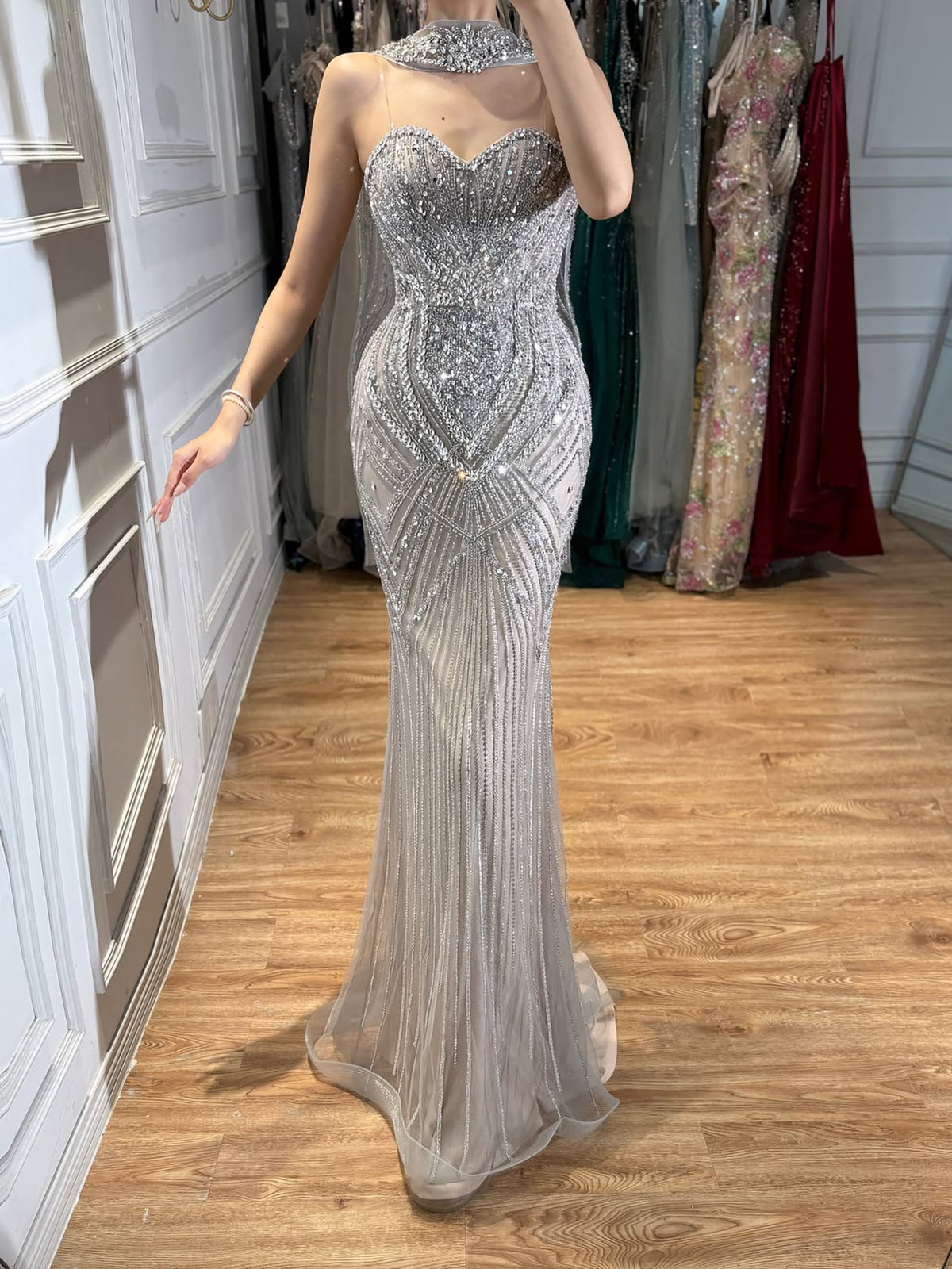 Luxury Nude Crystal Beaded Mermaid Evening Dress LA73375