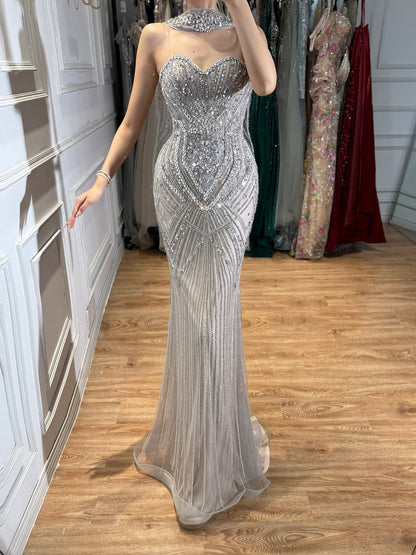 Luxury Nude Crystal Beaded Mermaid Evening Dress LA73375