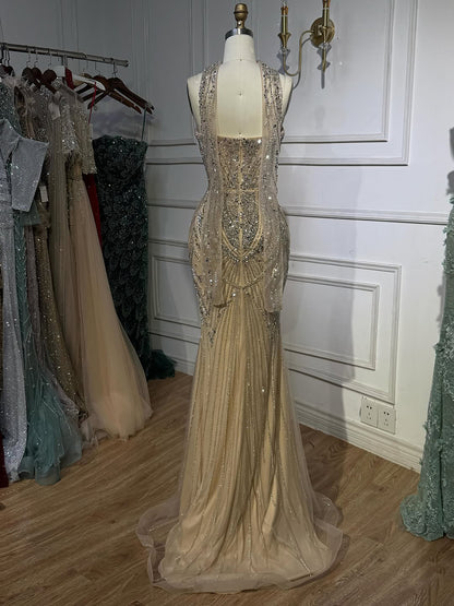 Luxury Nude Crystal Beaded Mermaid Evening Dress LA73375