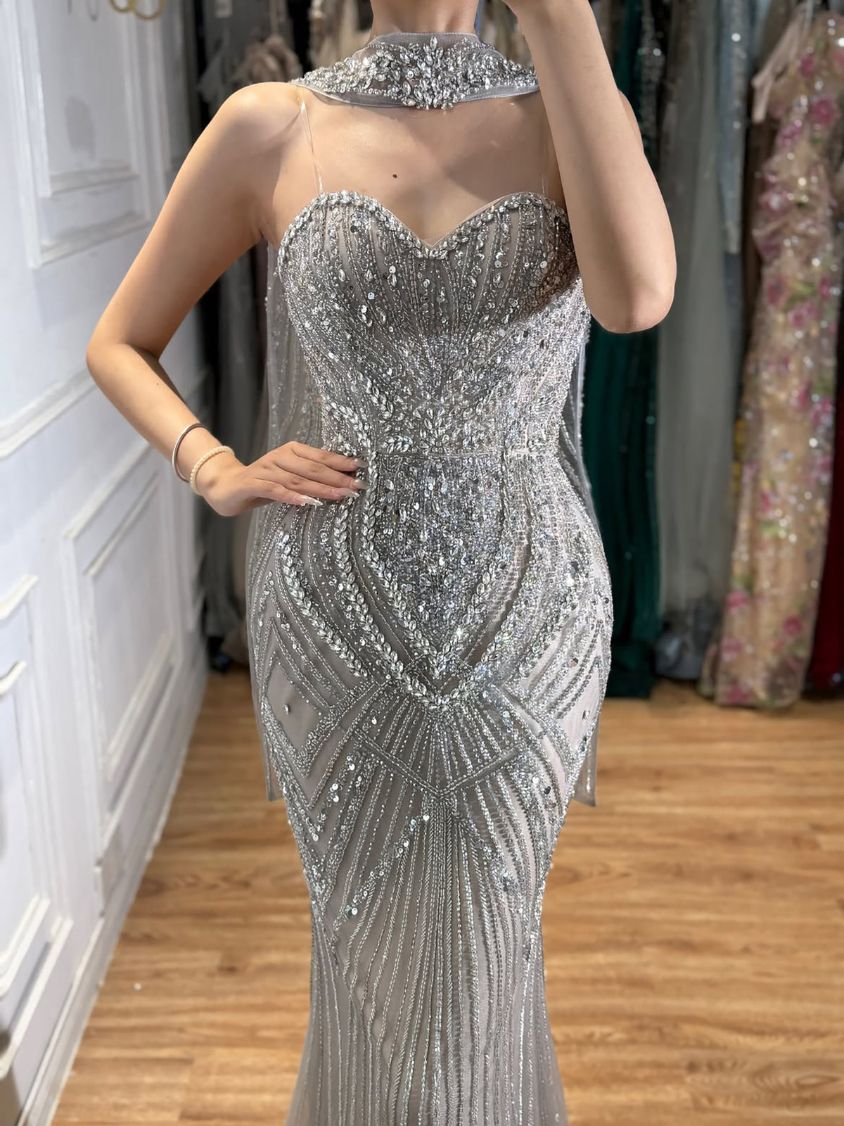 Luxury Nude Crystal Beaded Mermaid Evening Dress LA73375