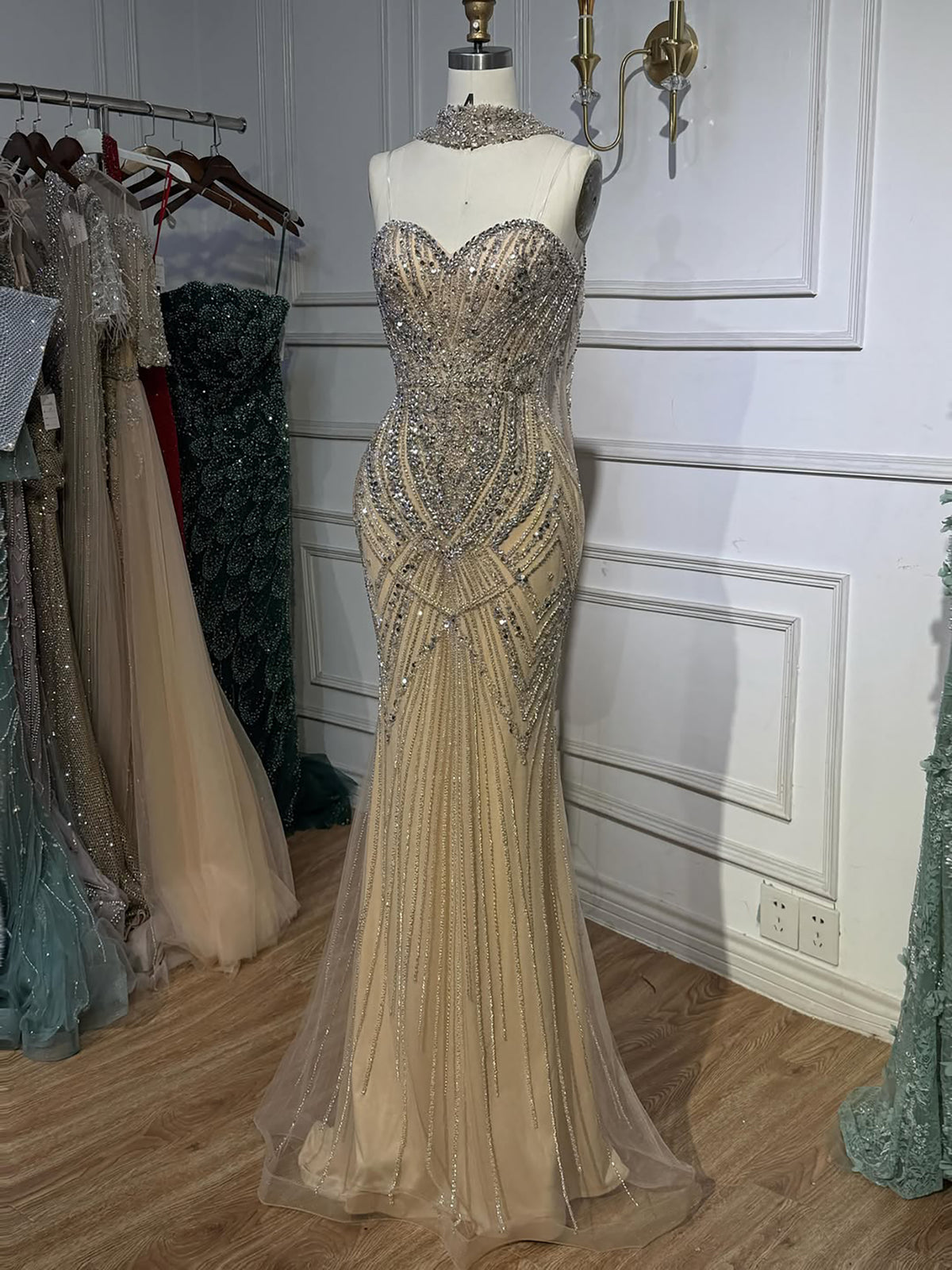 Luxury Nude Crystal Beaded Mermaid Evening Dress LA73375