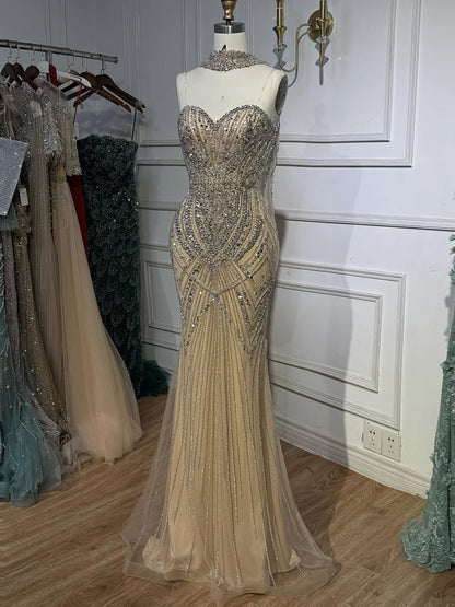 Luxury Nude Crystal Beaded Mermaid Evening Dress LA73375