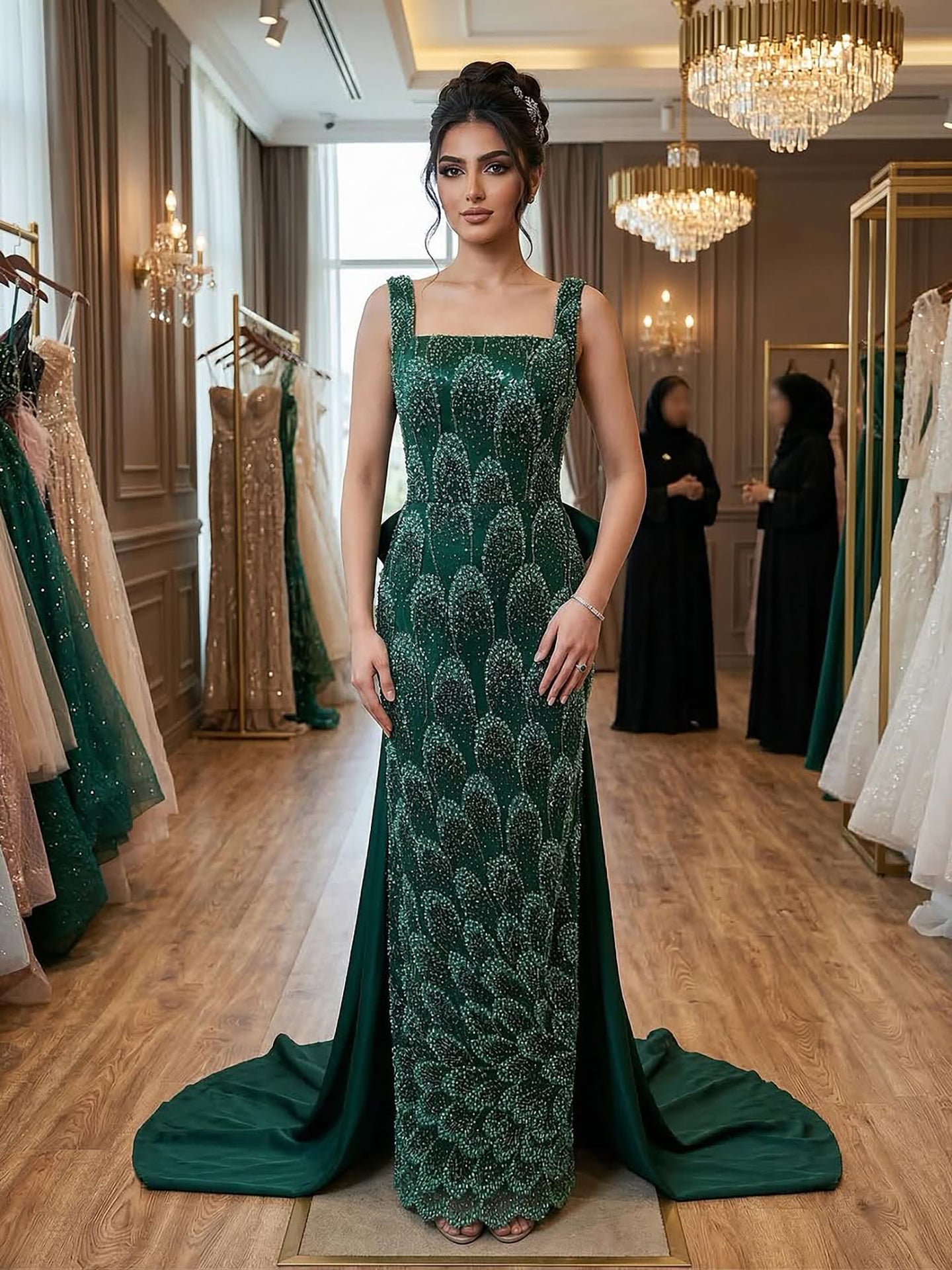 Luxuriöses Abendkleid, smaragdgrün, Etuikleid mit Schleife und Schleppe, LA73380