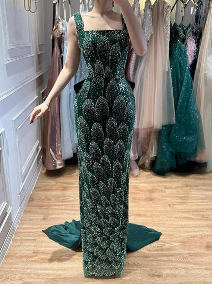 Luxuriöses Abendkleid, smaragdgrün, Etuikleid mit Schleife und Schleppe, LA73380