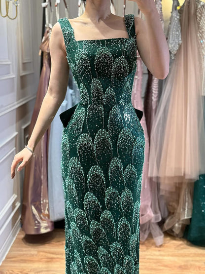 Luxuriöses Abendkleid, smaragdgrün, Etuikleid mit Schleife und Schleppe, LA73380