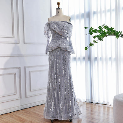 Luxury Gray Off Shoulder Beaded Mermaid Evening Dress With Sleeves LA73383