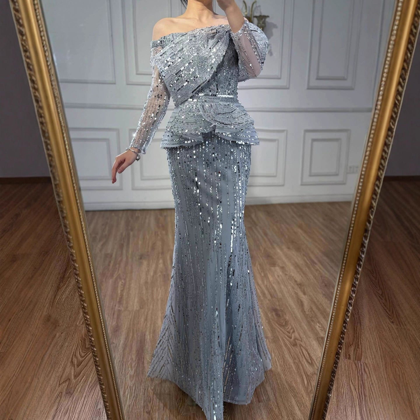 Luxury Gray Off Shoulder Beaded Mermaid Evening Dress With Sleeves LA73383