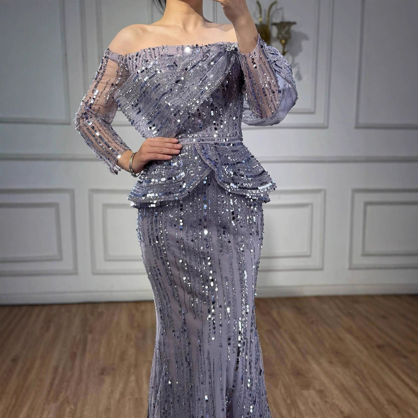 Luxury Gray Off Shoulder Beaded Mermaid Evening Dress With Sleeves LA73383