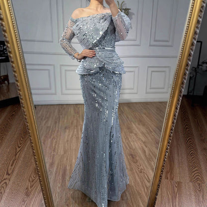 Luxury Gray Off Shoulder Beaded Mermaid Evening Dress With Sleeves LA73383