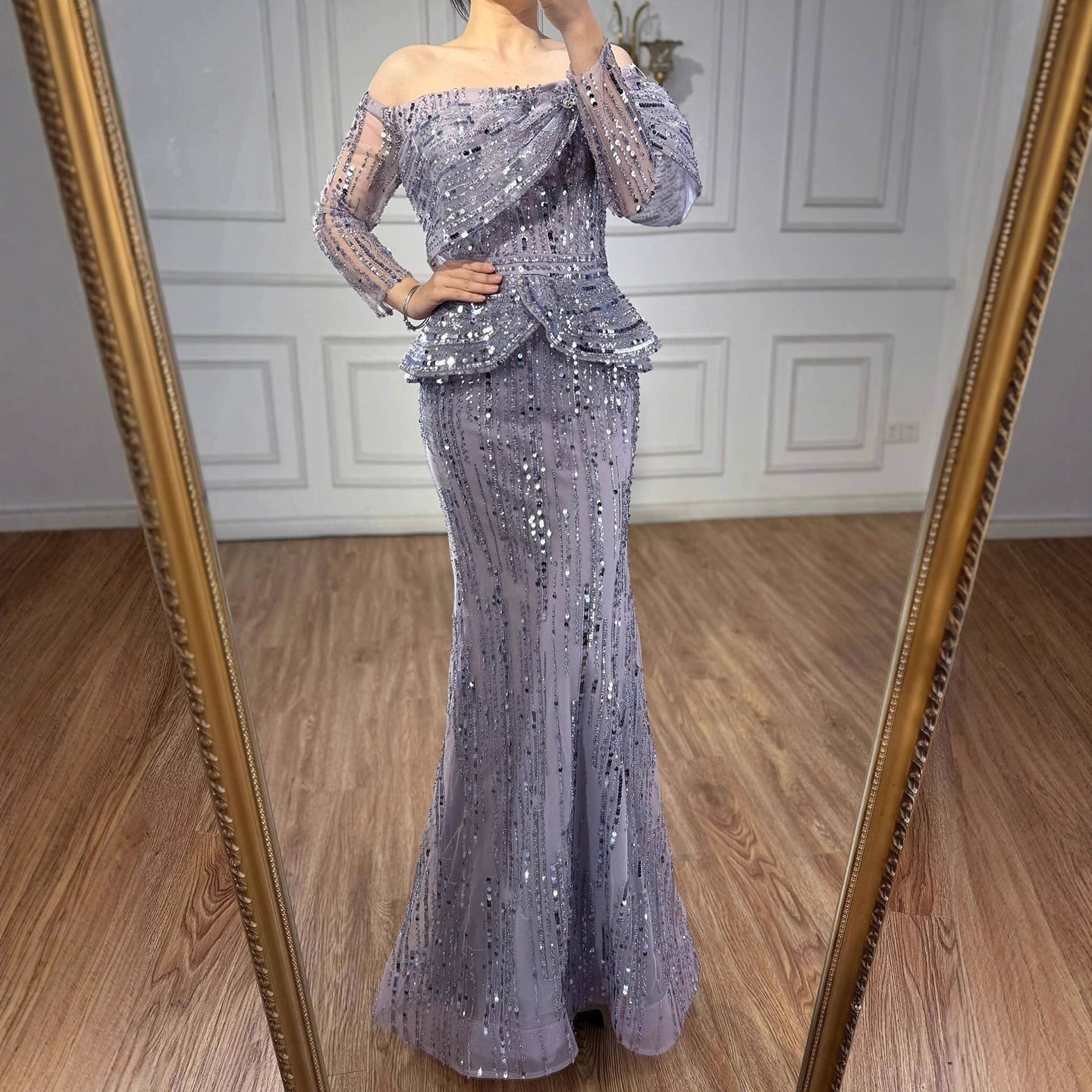 Luxury Gray Off Shoulder Beaded Mermaid Evening Dress With Sleeves LA73383