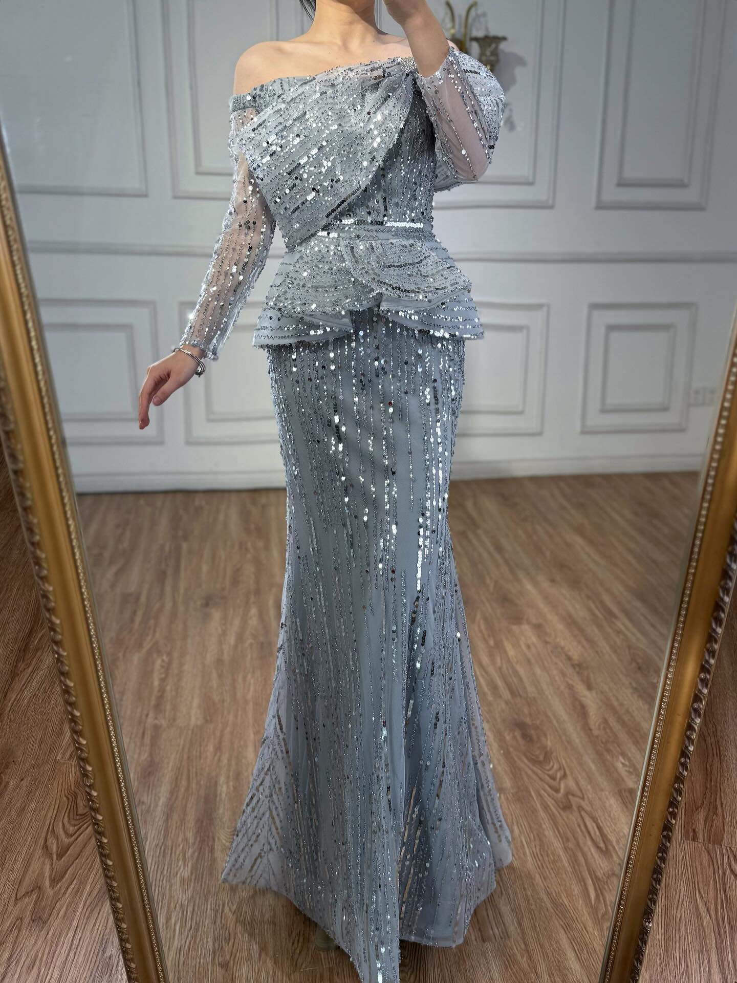 Luxury Gray Off Shoulder Beaded Mermaid Evening Dress With Sleeves LA73383