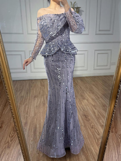 Luxury Gray Off Shoulder Beaded Mermaid Evening Dress With Sleeves LA73383