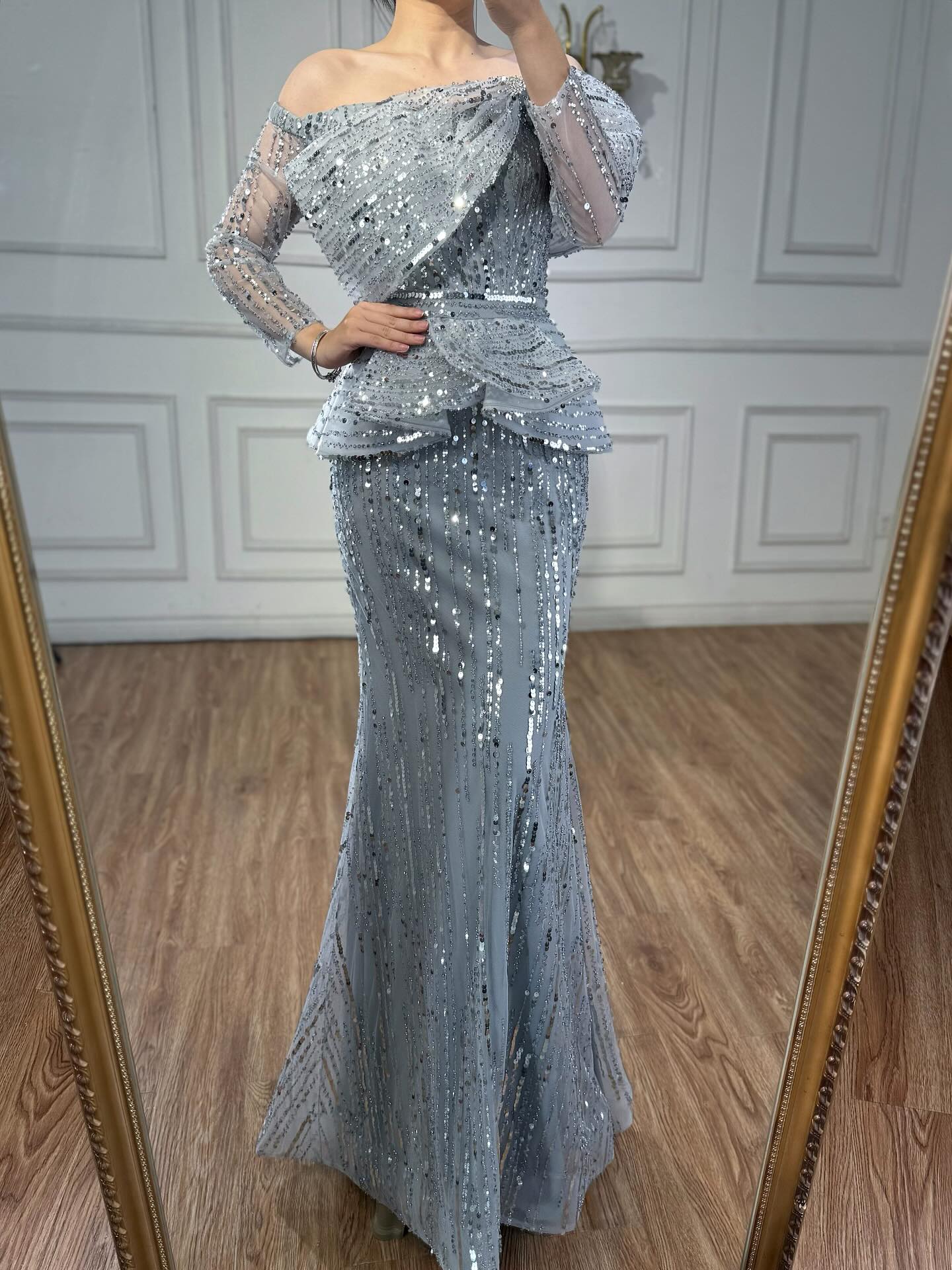 Luxury Gray Off Shoulder Beaded Mermaid Evening Dress With Sleeves LA73383