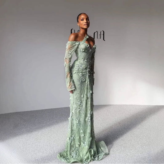 Luxury Sage Green Beaded 3D Floral Lace Evening Dress LA73384