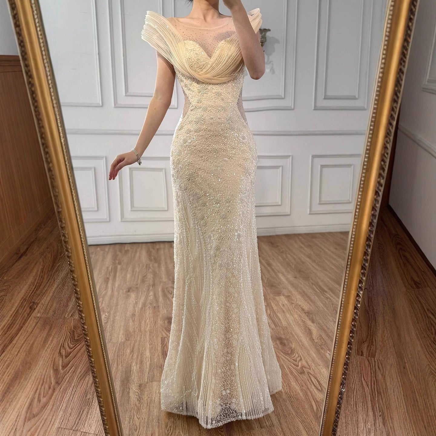 Luxury Nude  Beaded Elegant Mermaid Evening Dress LA73386